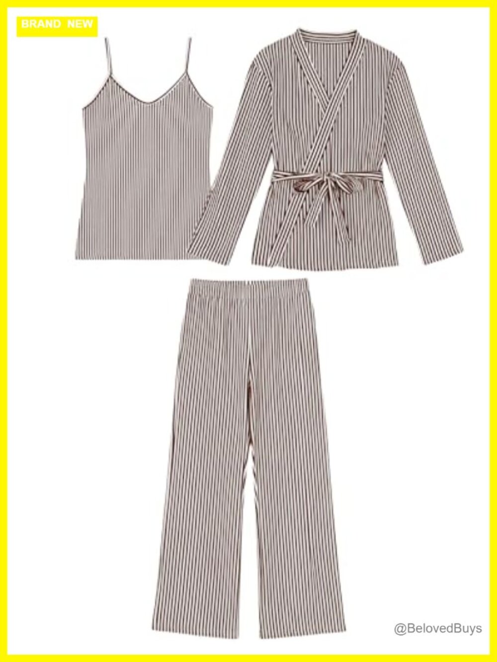3 Piece Pajama Set Long Sleeve Robe Camisole Wide Leg Pants Lounge Sleep